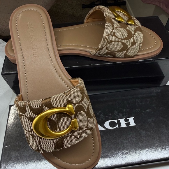 Coach Shoes - Coach Women's Signature Monogram Slide Sandals in Brown with Gold Hardware